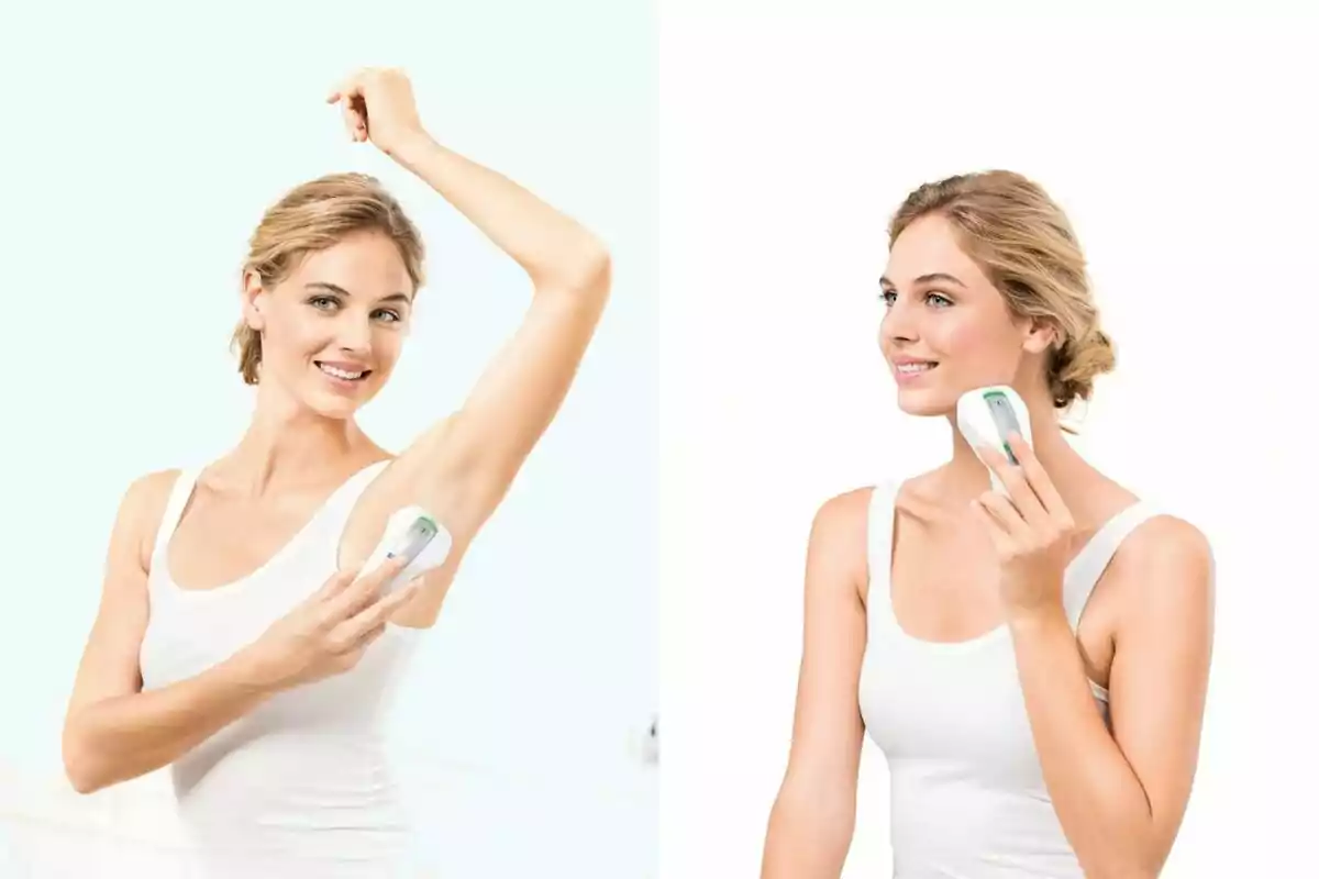 Mujer usando un dispositivo de depilación en la axila y en el rostro mientras sonríe y viste una camiseta blanca sin mangas Mujer usando un dispositivo de depilación en la axila y en el rostro mientras sonríe y viste una camiseta blanca sin mangas