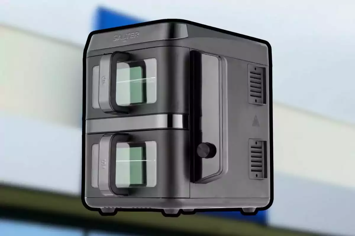 Freidora de aire doble de color negro con dos compartimentos y ventanas transparentes Freidora de aire doble de color negro con dos compartimentos y ventanas transparentes