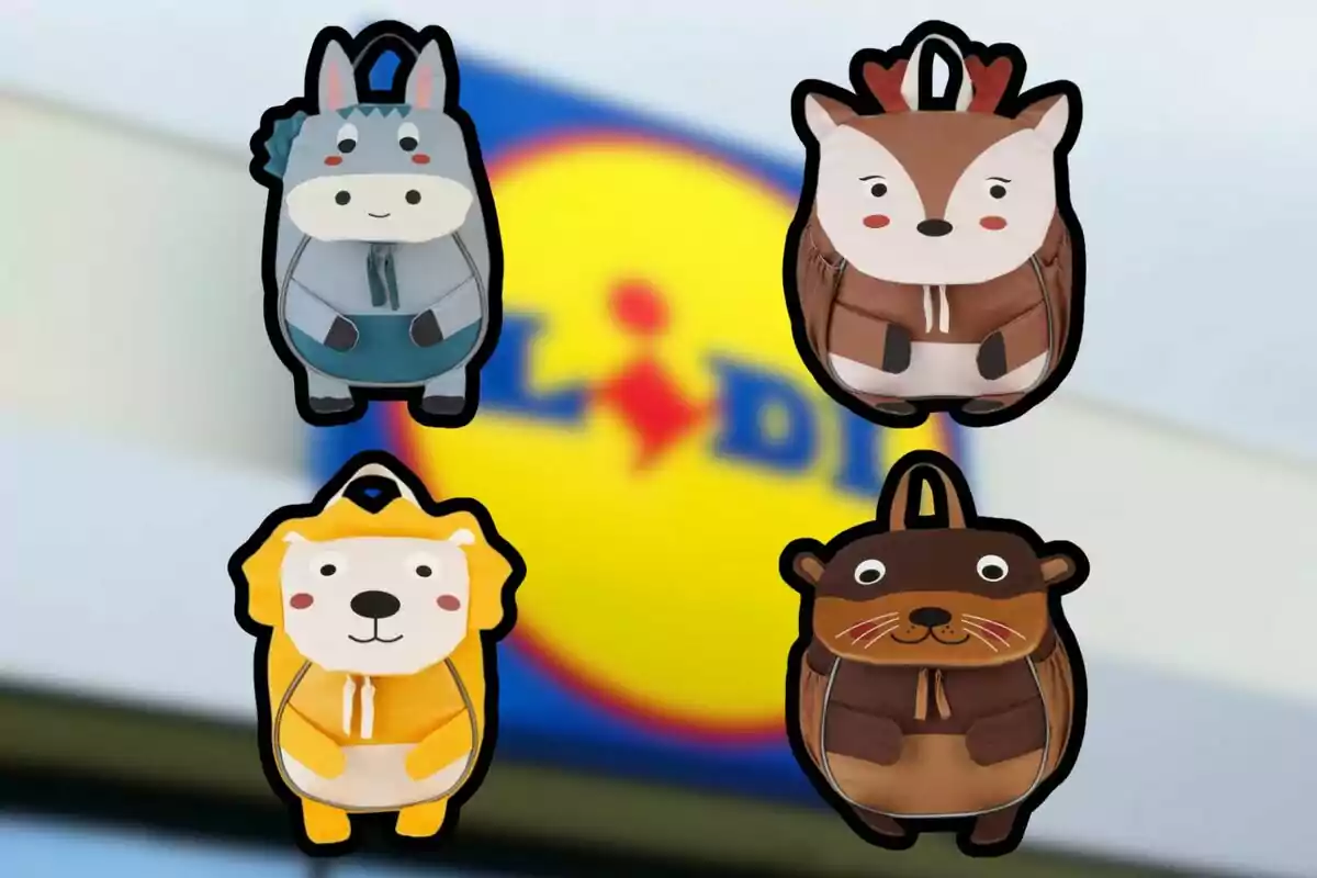 Cuatro mochilas infantiles con forma de animales sobre un fondo desenfocado con el logo de Lidl. Cuatro mochilas infantiles con forma de animales sobre un fondo desenfocado con el logo de Lidl.