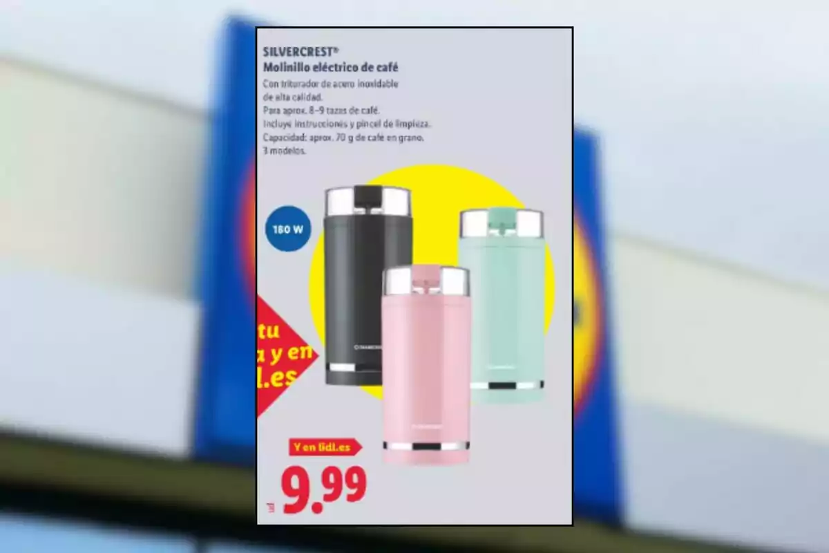 Publicidad de molinillo eléctrico de café Silvercrest disponible en tres colores con un precio de 9,99 euros Publicidad de molinillo eléctrico de café Silvercrest disponible en tres colores con un precio de 9,99 euros
