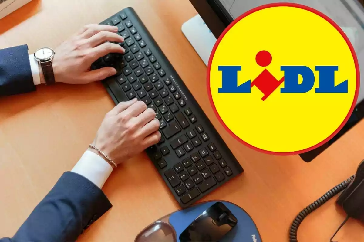 Persona usando un teclado de computadora en una oficina con el logo de Lidl en la imagen Persona usando un teclado de computadora en una oficina con el logo de Lidl en la imagen