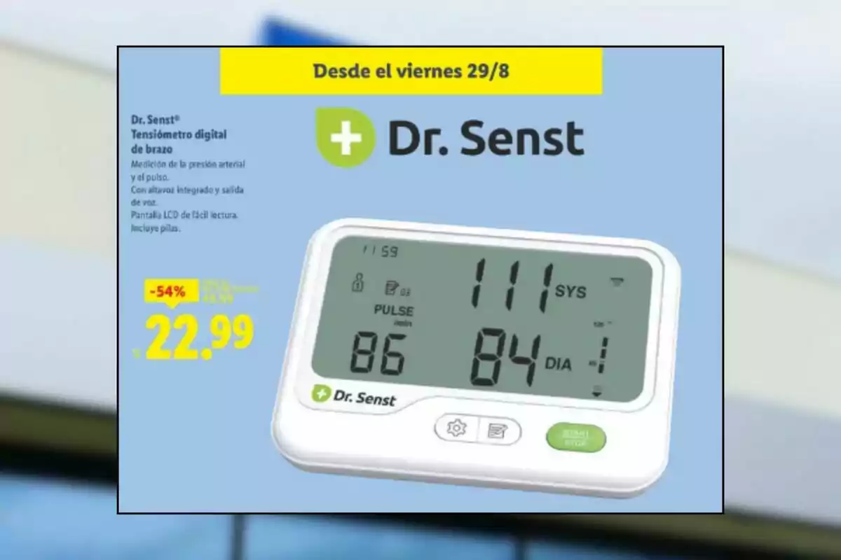 Publicidad de un tensiómetro digital de brazo Dr. Senst con pantalla LCD y precio en oferta de 22.99 euros Publicidad de un tensiómetro digital de brazo Dr. Senst con pantalla LCD y precio en oferta de 22.99 euros