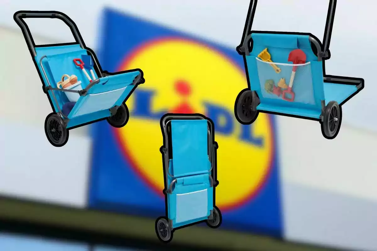 Carro plegable azul para transportar objetos con fondo de logotipo de Lidl desenfocado Carro plegable azul para transportar objetos con fondo de logotipo de Lidl desenfocado
