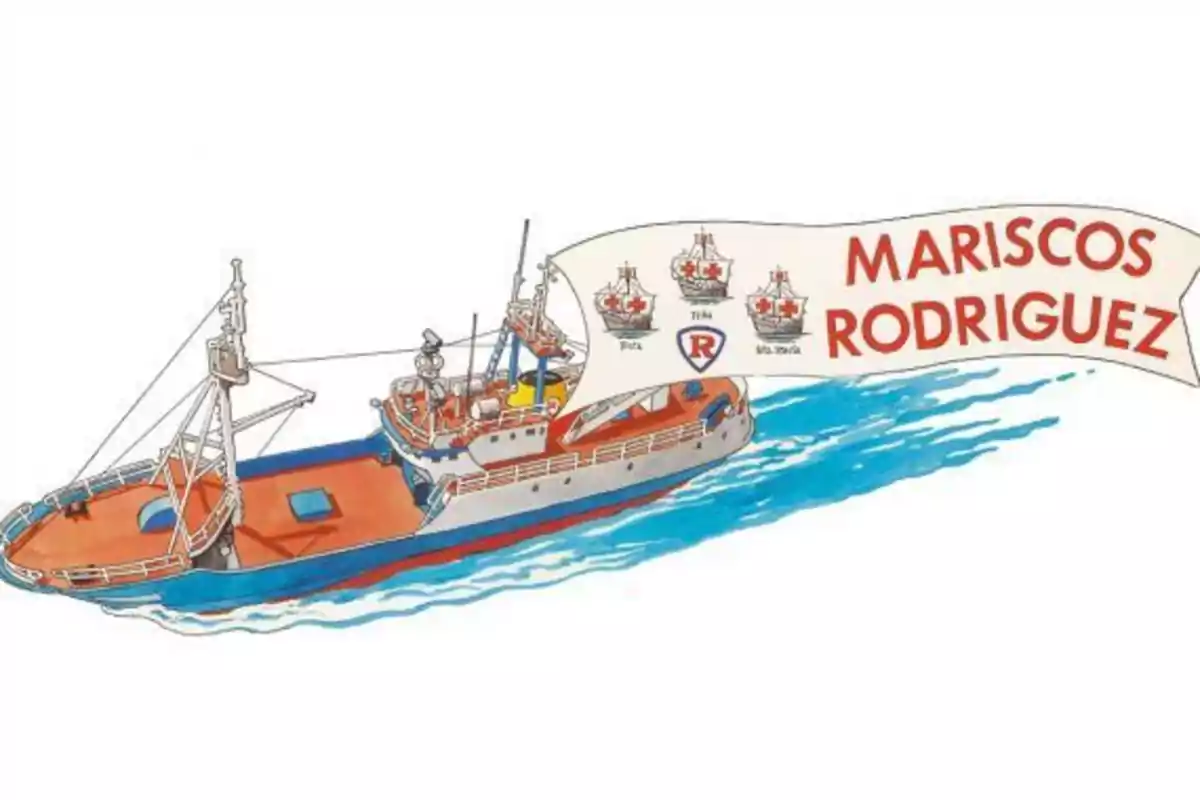 Dibujo de un barco pesquero navegando con una bandera grande que dice Mariscos Rodriguez Dibujo de un barco pesquero navegando con una bandera grande que dice Mariscos Rodriguez
