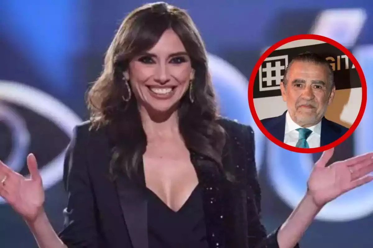Mujer sonriente con el cabello suelto y vestido negro en primer plano, con un círculo rojo que muestra el rostro de un hombre mayor en la esquina derecha de la imagen