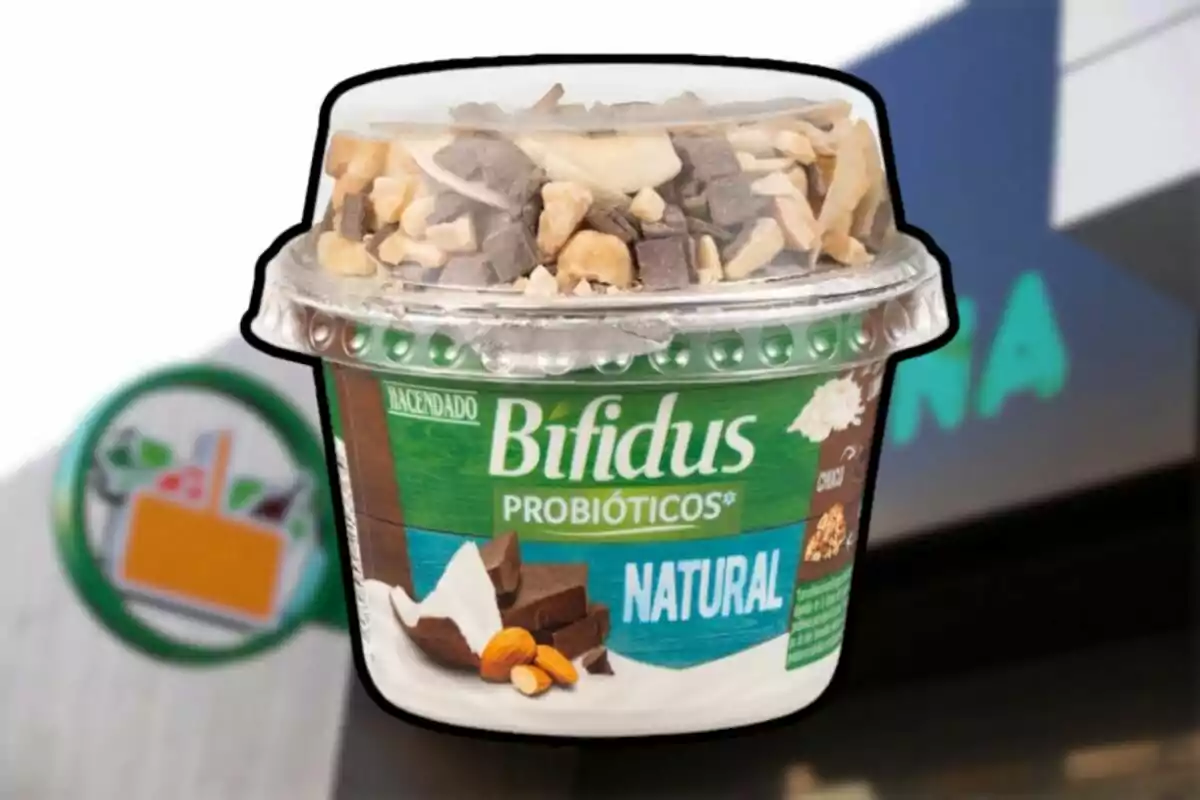 Envase de yogur Bifidus natural con probióticos de la marca Hacendado con trozos de chocolate y frutos secos en la tapa Envase de yogur Bifidus natural con probióticos de la marca Hacendado con trozos de chocolate y frutos secos en la tapa