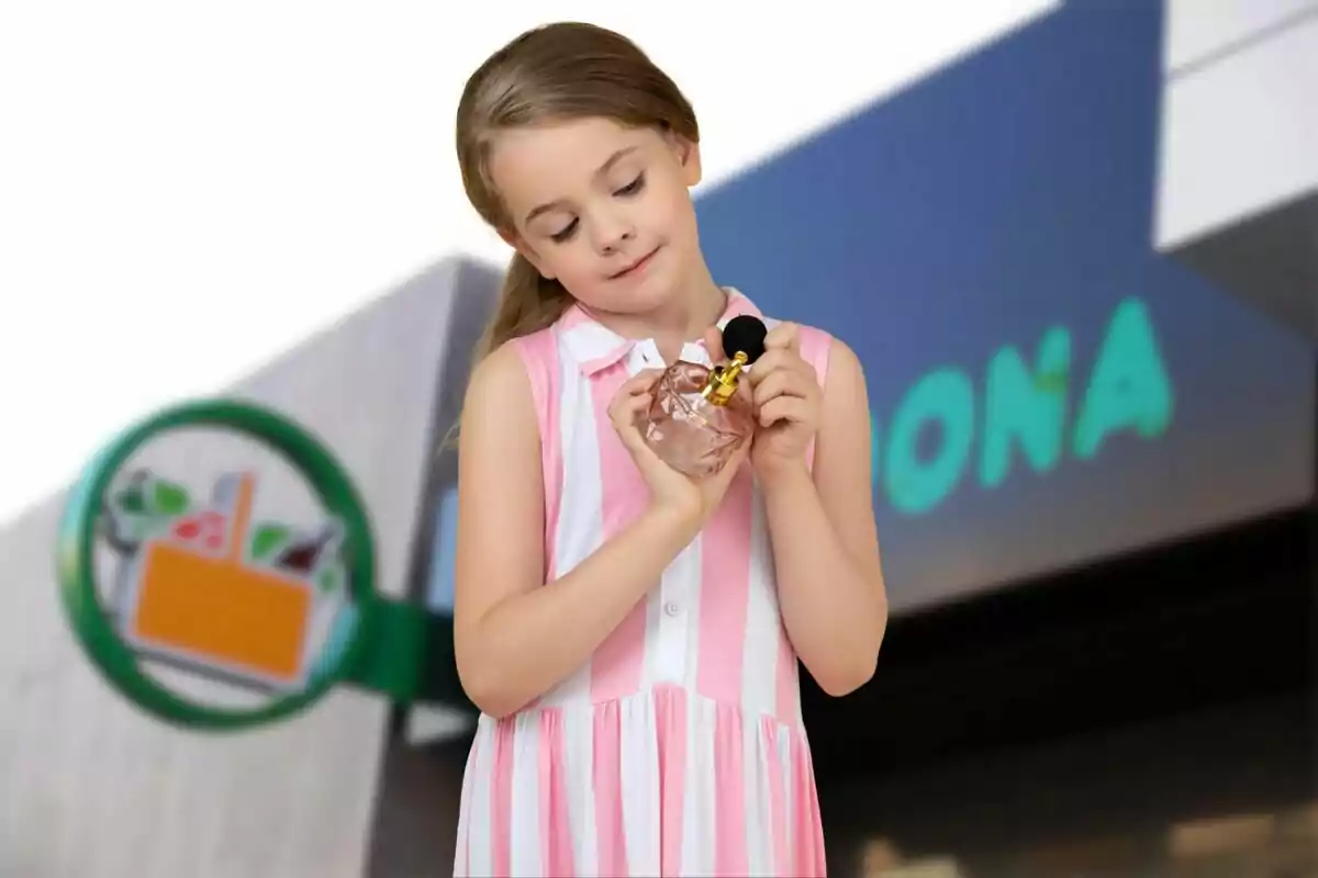 Niña con vestido rosa y blanco sosteniendo un frasco de perfume frente a una tienda Niña con vestido rosa y blanco sosteniendo un frasco de perfume frente a una tienda