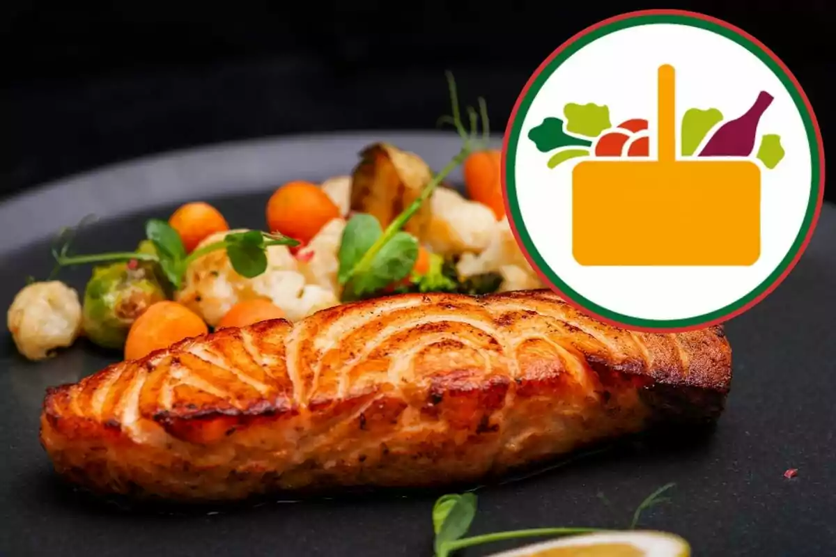 Filete de salmón a la plancha acompañado de vegetales y un gráfico de canasta de alimentos en la esquina superior derecha Filete de salmón a la plancha acompañado de vegetales y un gráfico de canasta de alimentos en la esquina superior derecha