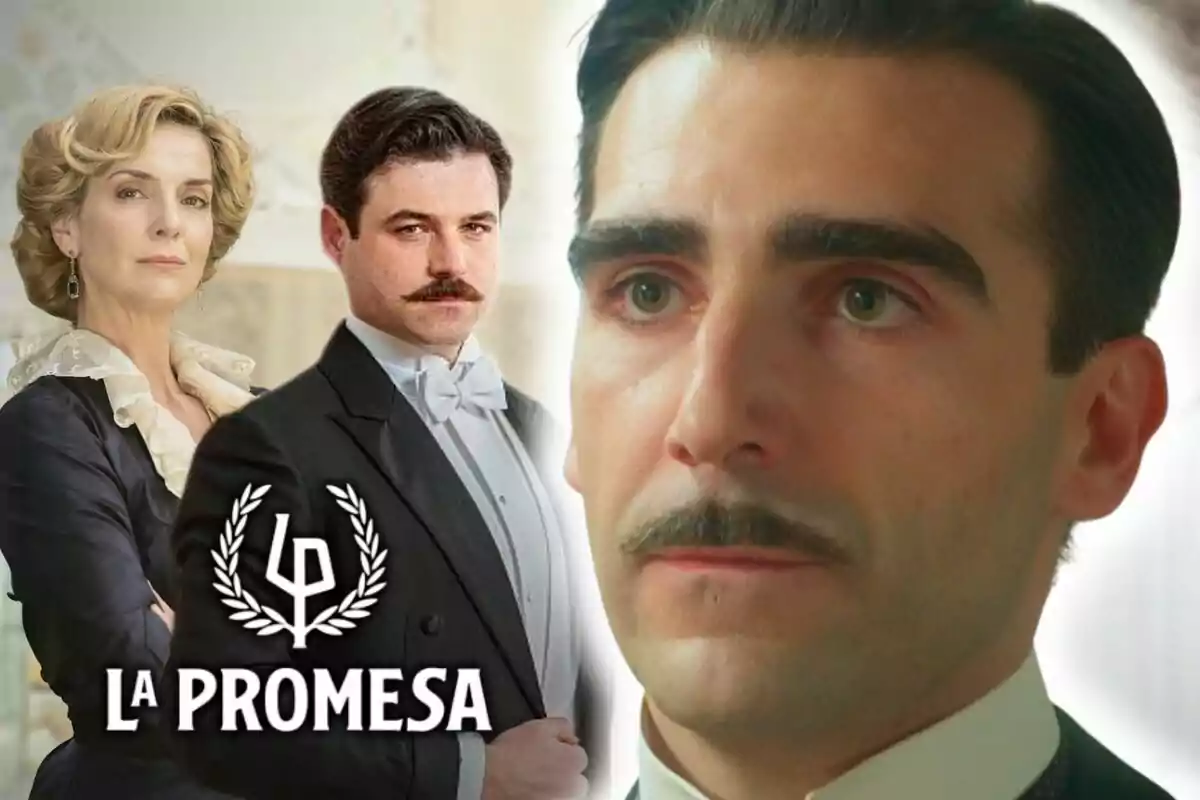 Dos personajes vestidos de época con expresión seria con el logo de la serie 'La Promesa' y el actor Guillermo Serrano en primer plano.