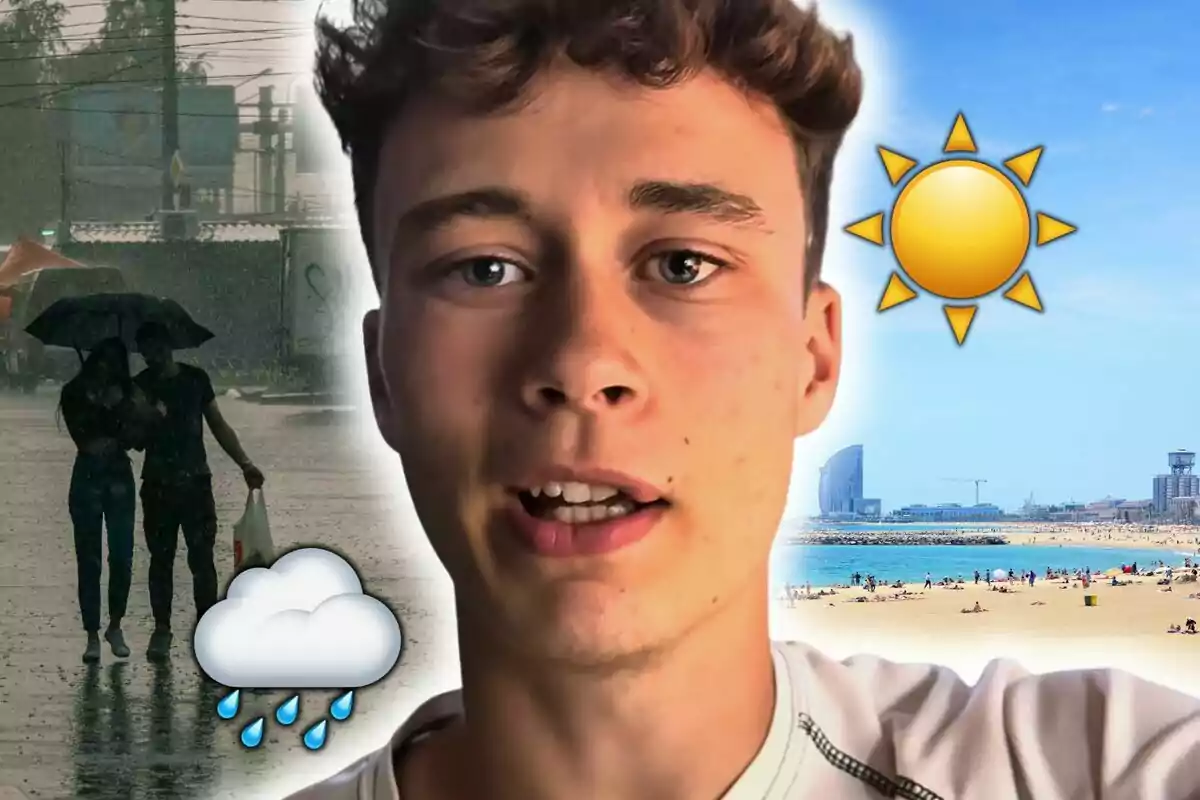 Montaje de fotos de Jorge Rey en primer plano con un fondo dividido entre un día lluvioso y una playa soleada, acompañado de iconos de nube con lluvia y sol.