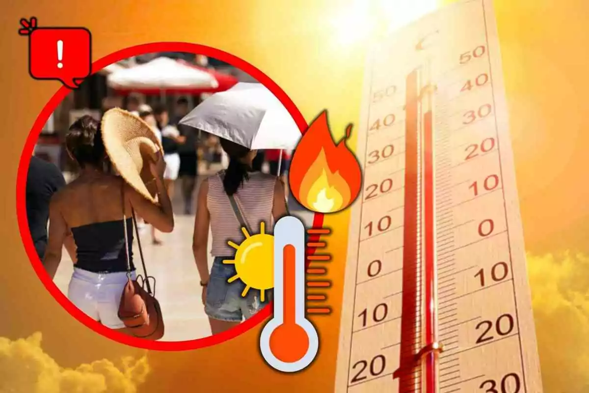 Personas caminando bajo el sol intenso usando sombrero y sombrilla con un termómetro marcando altas temperaturas y símbolos de calor extremo Personas caminando bajo el sol intenso usando sombrero y sombrilla con un termómetro marcando altas temperaturas y símbolos de calor extremo