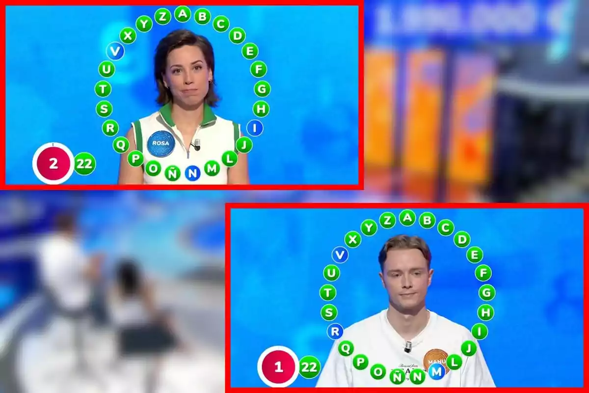 Dos concursantes de un programa de televisión de preguntas y respuestas aparecen en pantalla, que son Rosa y Manu, cada uno rodeado por un círculo de letras del abecedario con algunas letras en verde y otras en azul, mostrando sus resultados y el número de aciertos y errores. Dos concursantes de un programa de televisión de preguntas y respuestas aparecen en pantalla, que son Rosa y Manu, cada uno rodeado por un círculo de letras del abecedario con algunas letras en verde y otras en azul, mostrando sus resultados y el número de aciertos y errores.