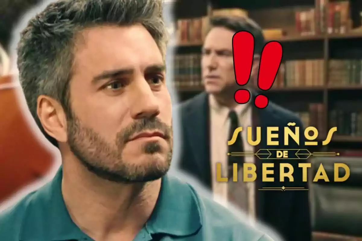 Primer plano de Dani Tatay con expresión seria, al fondo otro hombre desenfocado en una biblioteca, dos signos de exclamación rojos y el texto Sueños de Libertad