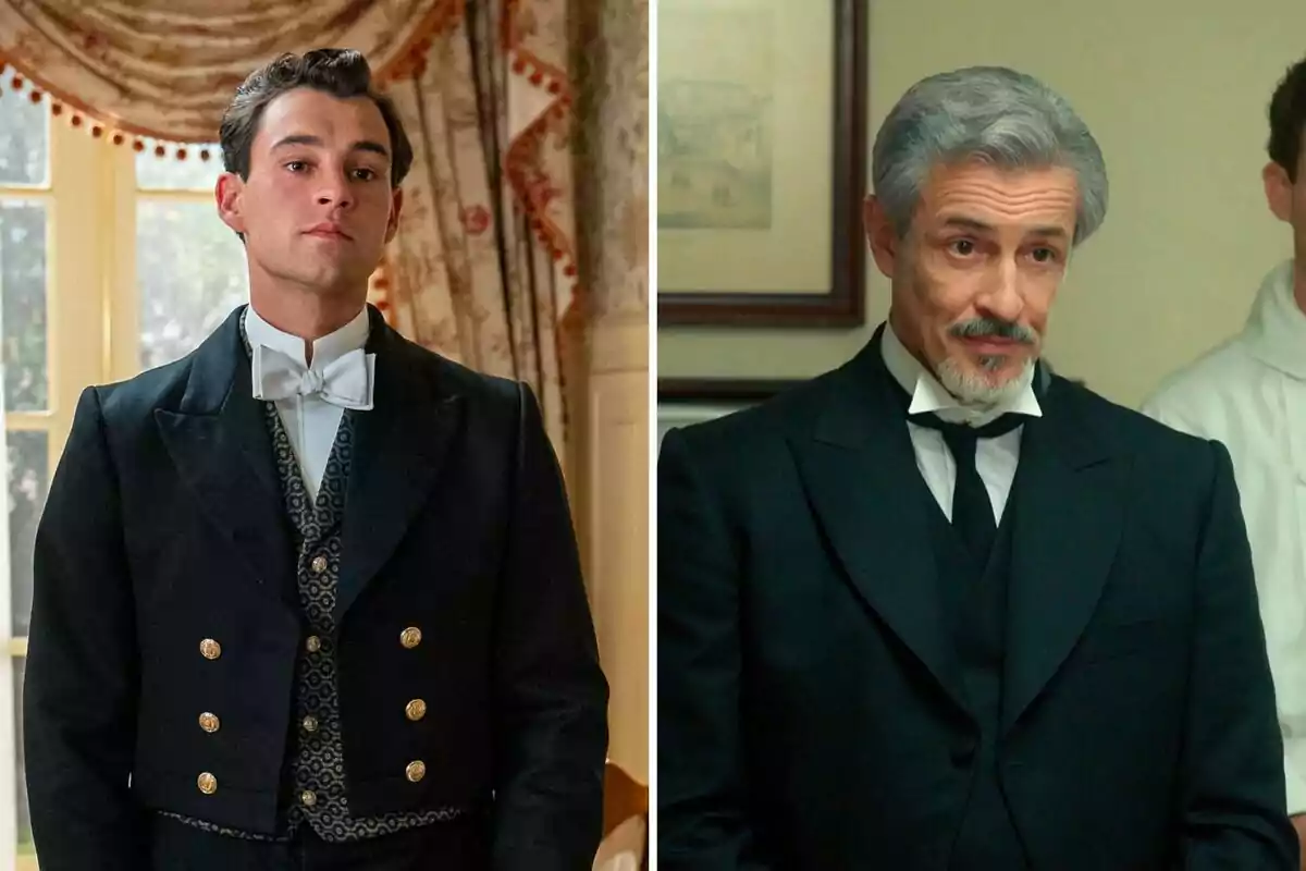 Curro y Cristóbal vestidos con trajes formales de época, uno joven y otro mayor, posan en diferentes habitaciones elegantemente decoradas. Curro y Cristóbal vestidos con trajes formales de época, uno joven y otro mayor, posan en diferentes habitaciones elegantemente decoradas.