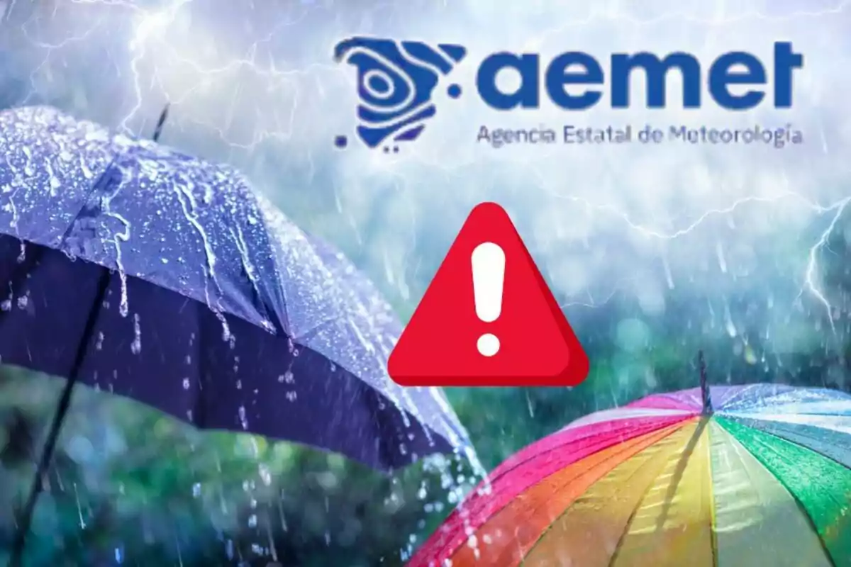 Dos paraguas bajo la lluvia intensa con un símbolo de advertencia y el logotipo de la Agencia Estatal de Meteorología en el fondo Dos paraguas bajo la lluvia intensa con un símbolo de advertencia y el logotipo de la Agencia Estatal de Meteorología en el fondo