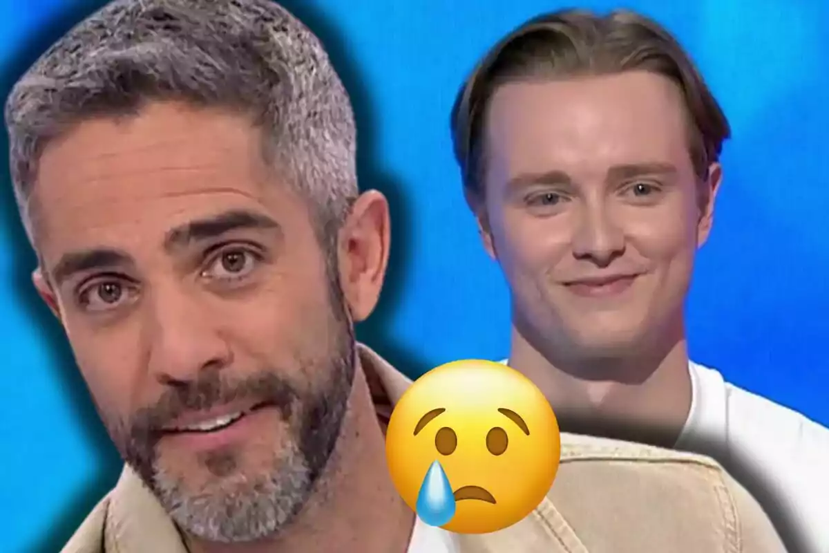 Roberto Leal y Manu Pascual en primer plano con una expresión seria y un emoji de carita triste con una lágrima sobrepuesta