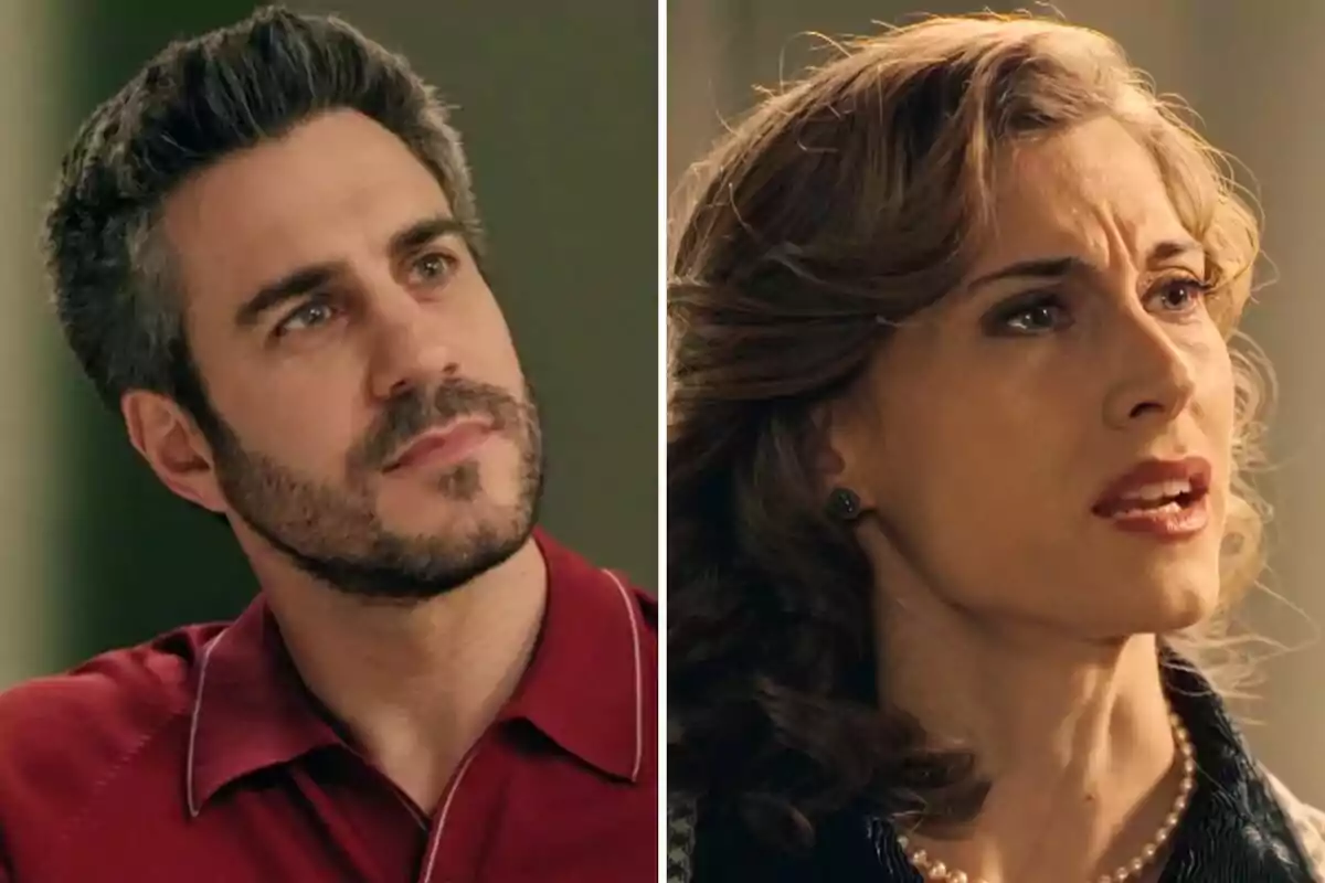 Andrés con camisa roja y Marta con collar de perlas aparecen en una imagen dividida en dos partes, ambos con expresiones serias. Andrés con camisa roja y Marta con collar de perlas aparecen en una imagen dividida en dos partes, ambos con expresiones serias.