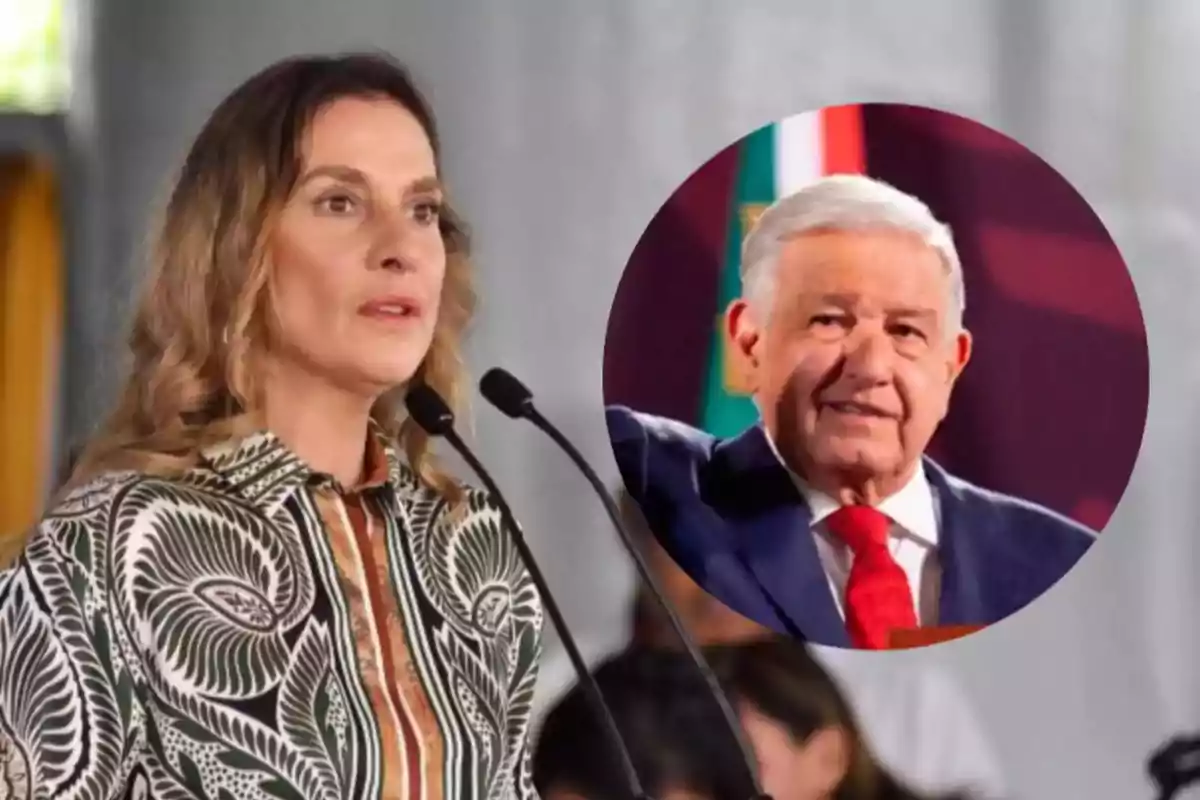 Mujer hablando frente a micrófonos con la imagen de un hombre mayor en un círculo al fondo Mujer hablando frente a micrófonos con la imagen de un hombre mayor en un círculo al fondo