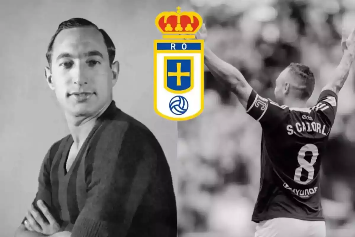Dos futbolistas históricos del Real Oviedo junto al escudo del club en el centro Dos futbolistas históricos del Real Oviedo junto al escudo del club en el centro