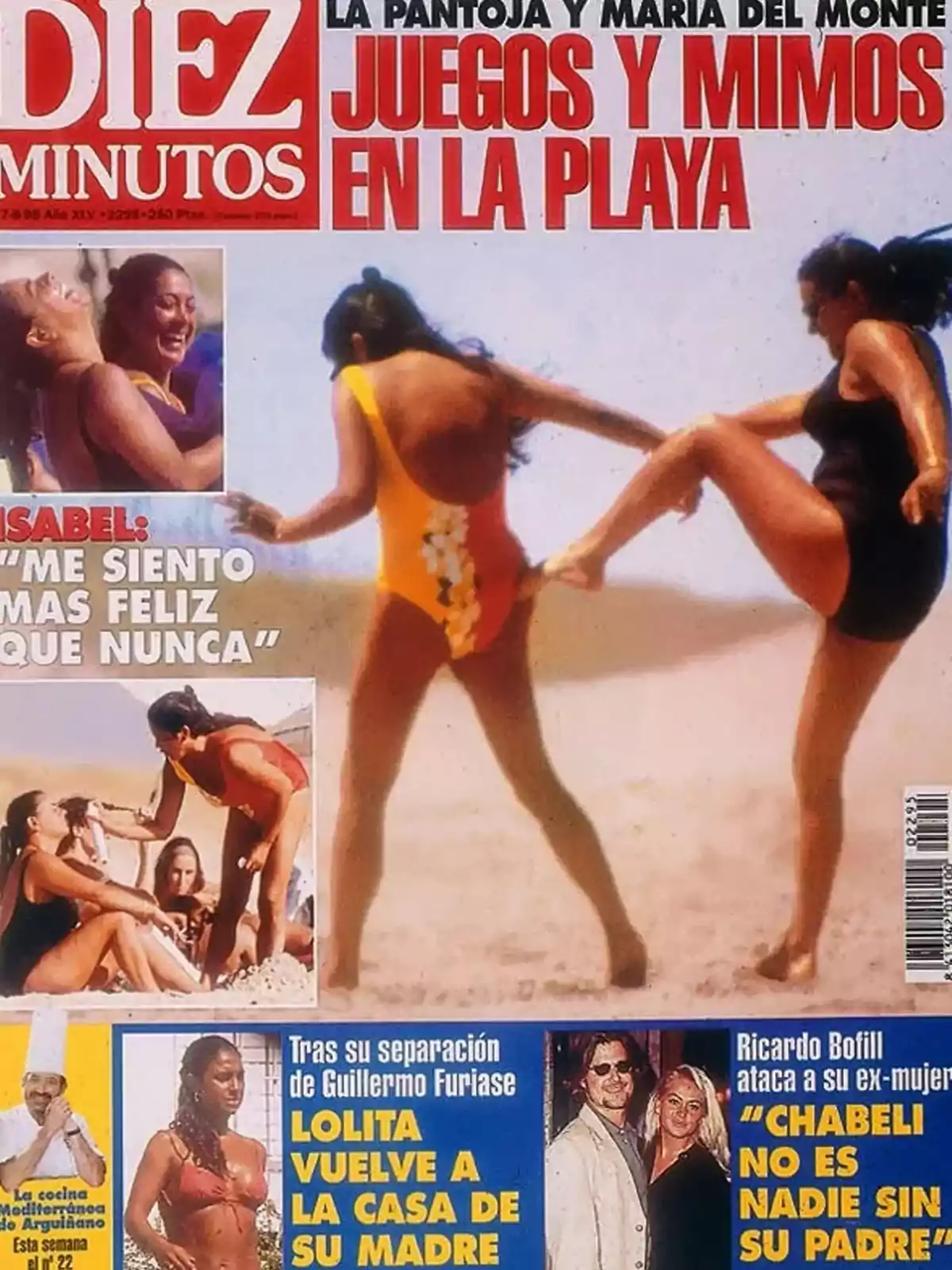 Portada de una revista Diez Minutos con dos mujeres en bañador jugando en la playa y varios titulares de noticias del mundo del espectáculo Portada de una revista Diez Minutos con dos mujeres en bañador jugando en la playa y varios titulares de noticias del mundo del espectáculo