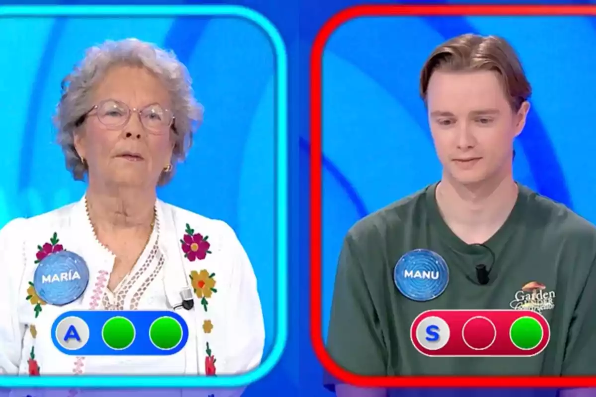 María y Manu en un programa de televisión de preguntas y respuestas, una mujer mayor con gafas y un hombre joven, cada uno con su marcador de aciertos y errores visible. Captura de 'Pasapalabra' María y Manu en un programa de televisión de preguntas y respuestas, una mujer mayor con gafas y un hombre joven, cada uno con su marcador de aciertos y errores visible. Captura de 'Pasapalabra'