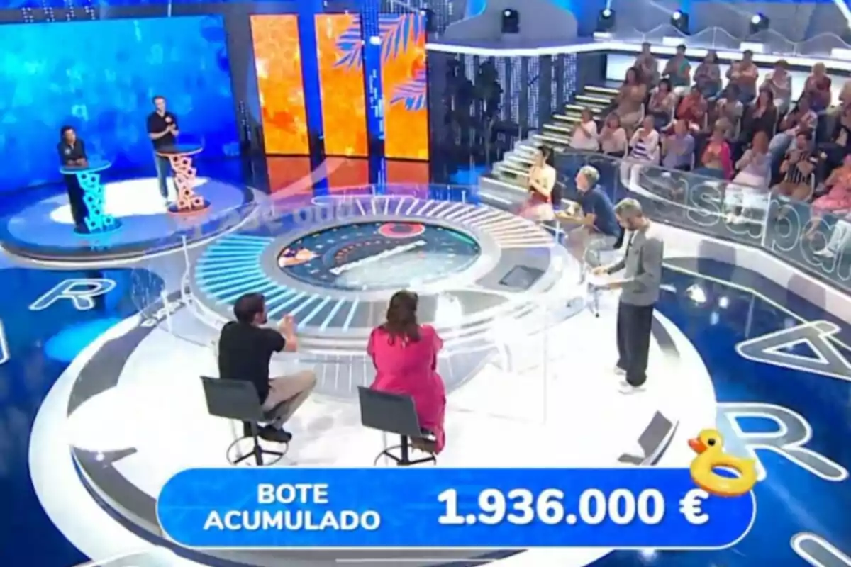 Concurso de televisión con participantes, público y un premio acumulado de un millón novecientos treinta y seis mil euros mostrado en pantalla Concurso de televisión con participantes, público y un premio acumulado de un millón novecientos treinta y seis mil euros mostrado en pantalla