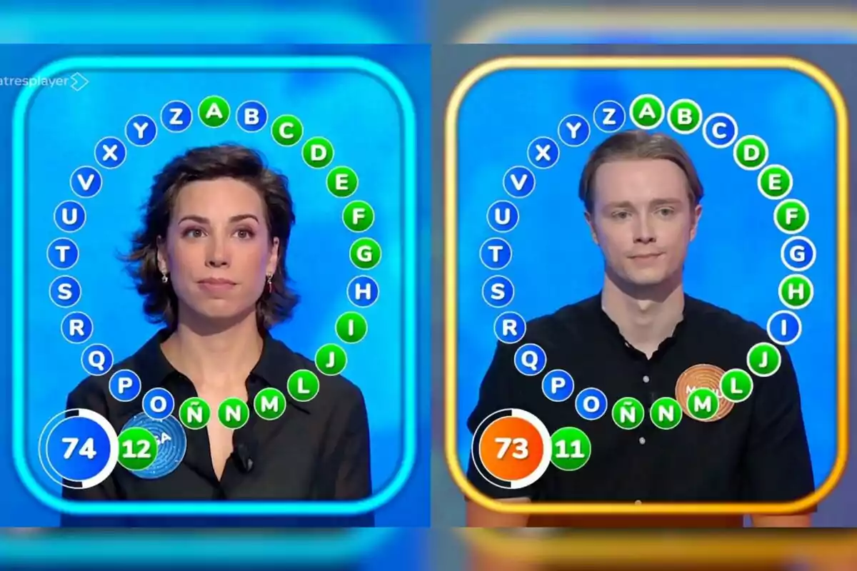 Rosa y Manu participan en la prueba final de un concurso de televisión, cada uno rodeado por un círculo de letras y con marcadores que muestran sus puntuaciones y aciertos. Captura de 'Pasapalabra' Rosa y Manu participan en la prueba final de un concurso de televisión, cada uno rodeado por un círculo de letras y con marcadores que muestran sus puntuaciones y aciertos. Captura de 'Pasapalabra'