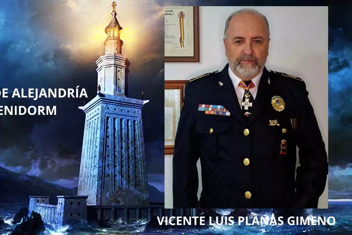 Un faro iluminado junto al mar y un hombre con uniforme de gala posando frente a la pared, acompañado de textos que mencionan Benidorm y el nombre Vicente Luis Planas Gimeno Un faro iluminado junto al mar y un hombre con uniforme de gala posando frente a la pared, acompañado de textos que mencionan Benidorm y el nombre Vicente Luis Planas Gimeno