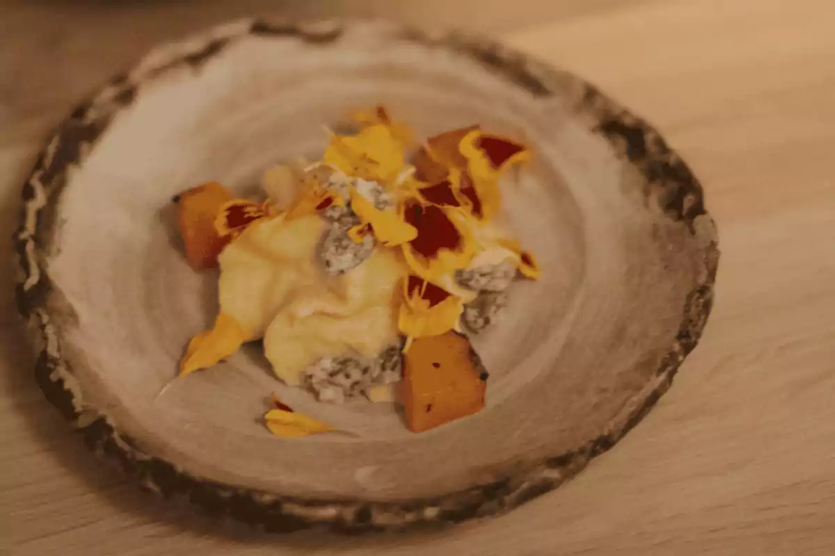 Plato rústico de cerámica con una preparación gourmet decorada con pétalos de flores y trozos de calabaza Plato rústico de cerámica con una preparación gourmet decorada con pétalos de flores y trozos de calabaza