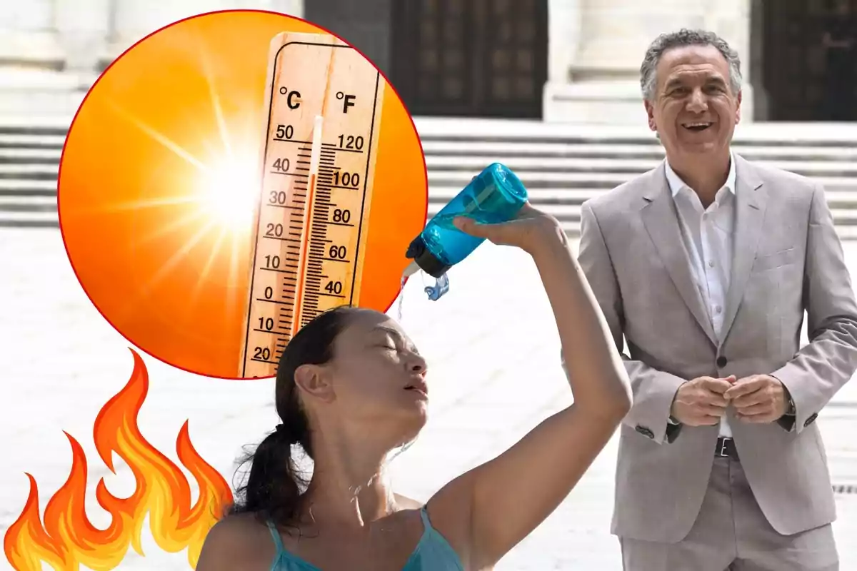 Una mujer se refresca echándose agua en la cabeza mientras un hombre sonríe al fondo, con un termómetro marcando altas temperaturas, un sol brillante y llamas que representan calor extremo. Una mujer se refresca echándose agua en la cabeza mientras un hombre sonríe al fondo, con un termómetro marcando altas temperaturas, un sol brillante y llamas que representan calor extremo.