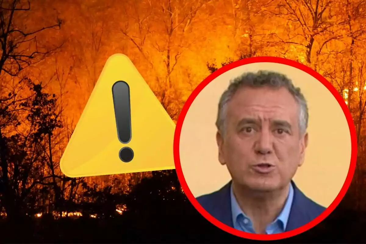 Fondo de incendio forestal con un símbolo de advertencia amarillo y el rostro de un hombre enmarcado en un círculo rojo Fondo de incendio forestal con un símbolo de advertencia amarillo y el rostro de un hombre enmarcado en un círculo rojo