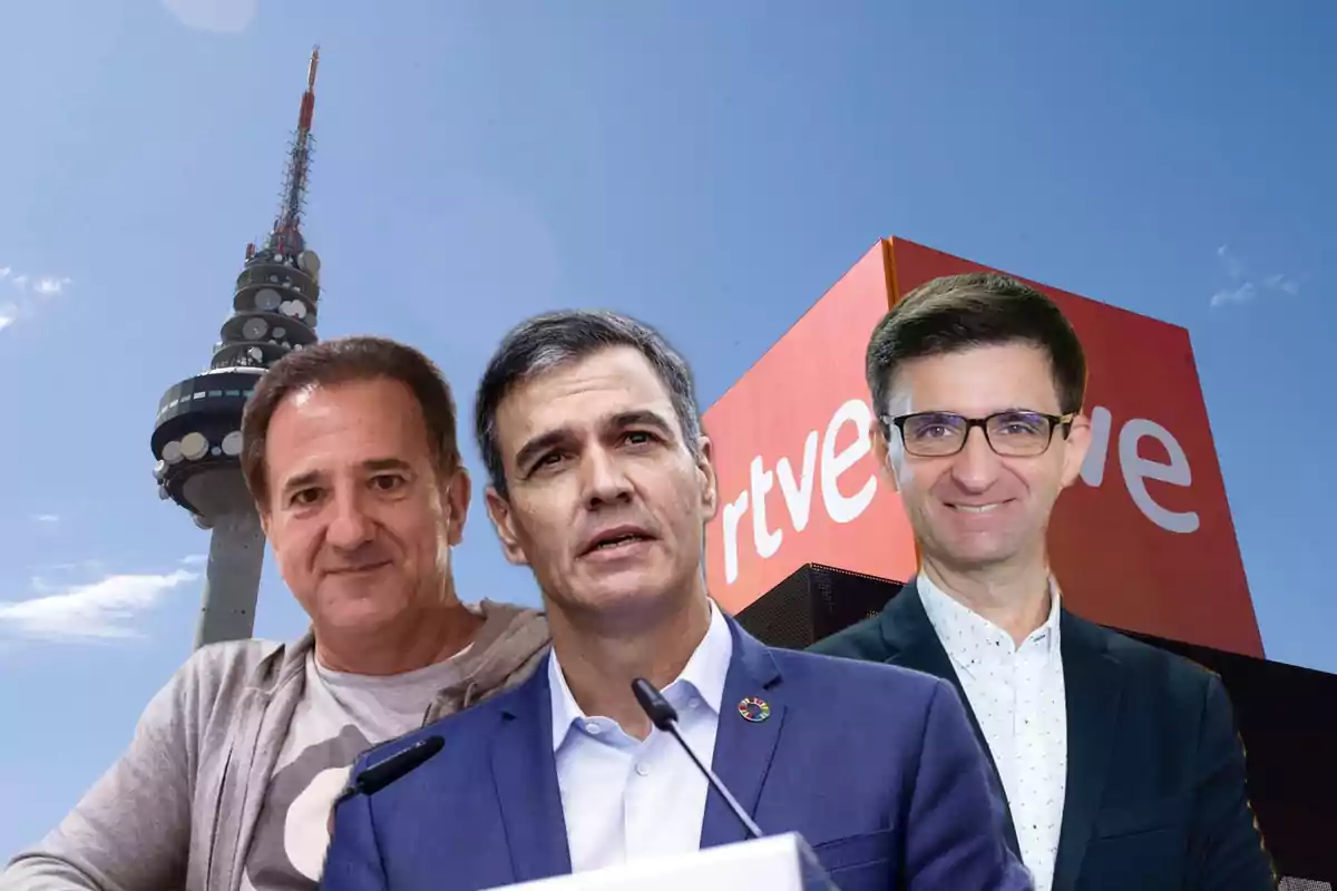 Tres hombres posan frente a un edificio de RTVE y una torre de telecomunicaciones bajo un cielo despejado