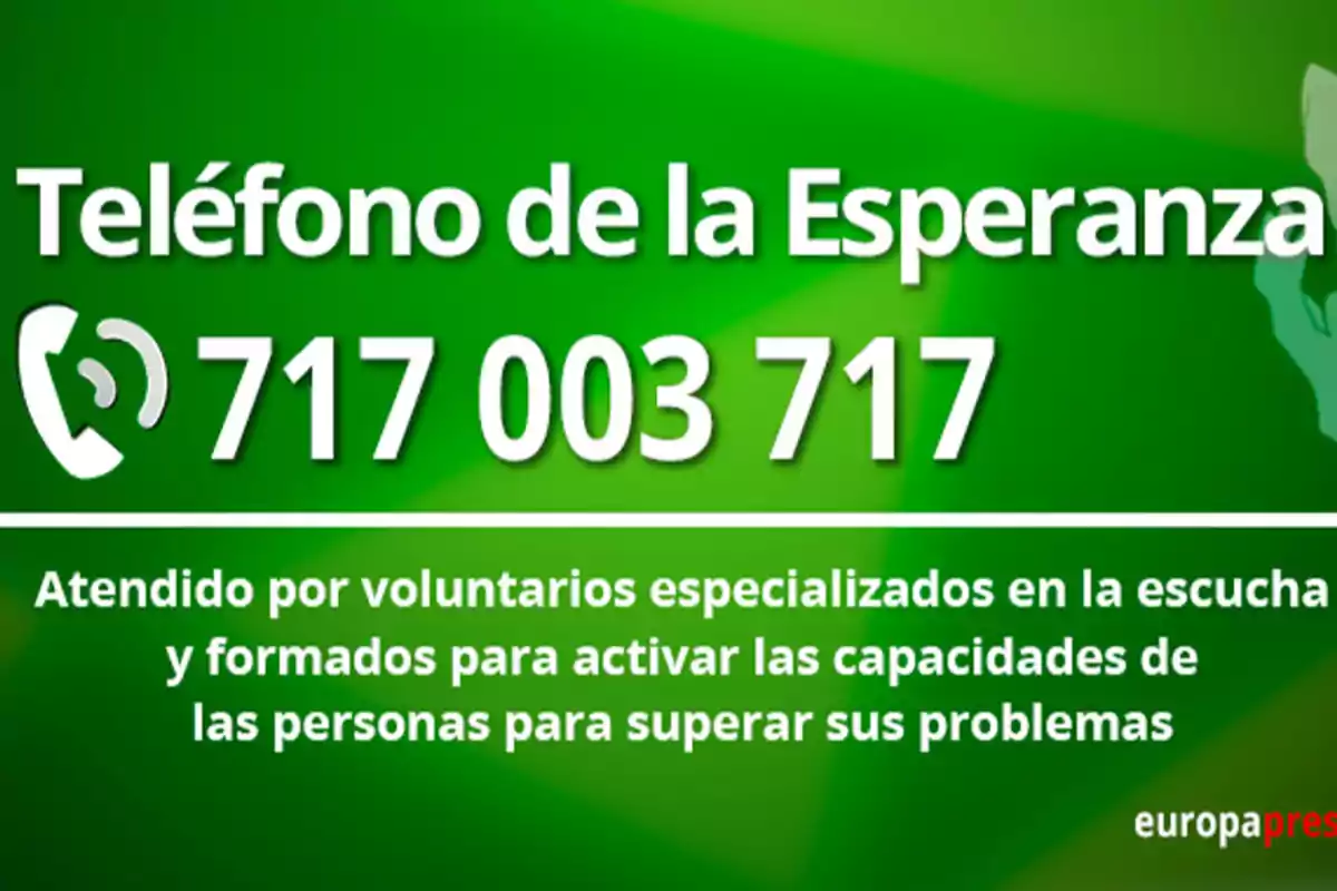 Imagen con fondo verde que muestra el número 717 003 717 del Teléfono de la Esperanza, atendido por voluntarios especializados en la escucha y apoyo emocional Imagen con fondo verde que muestra el número 717 003 717 del Teléfono de la Esperanza, atendido por voluntarios especializados en la escucha y apoyo emocional