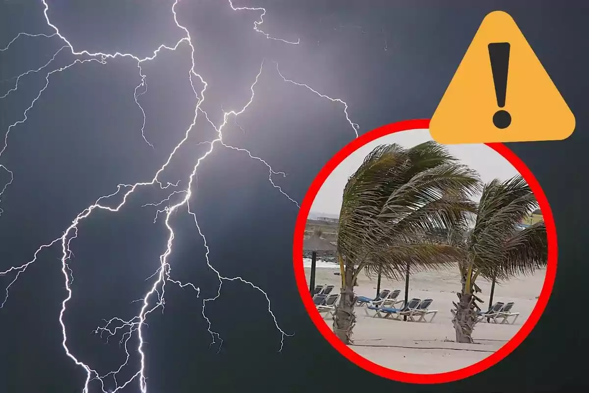 Rayos en el cielo con advertencia de tormenta y viento fuerte en la playa
