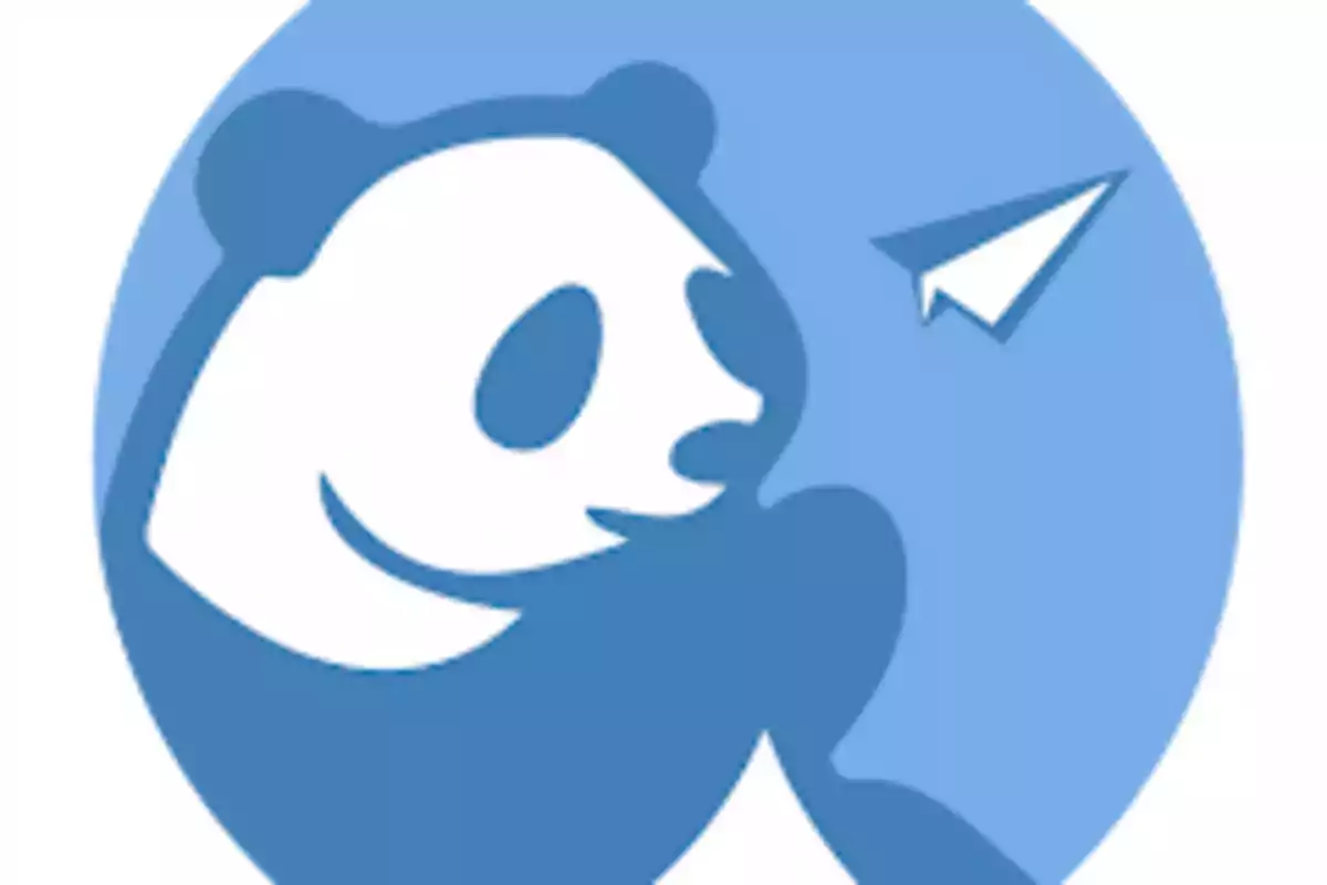 Panda azul mirando un avión de papel dentro de un círculo azul claro Panda azul mirando un avión de papel dentro de un círculo azul claro