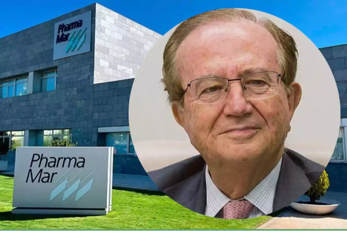 Fachada de un edificio de PharmaMar con un retrato de un hombre mayor con gafas y traje superpuesto en la imagen. Fachada de un edificio de PharmaMar con un retrato de un hombre mayor con gafas y traje superpuesto en la imagen.