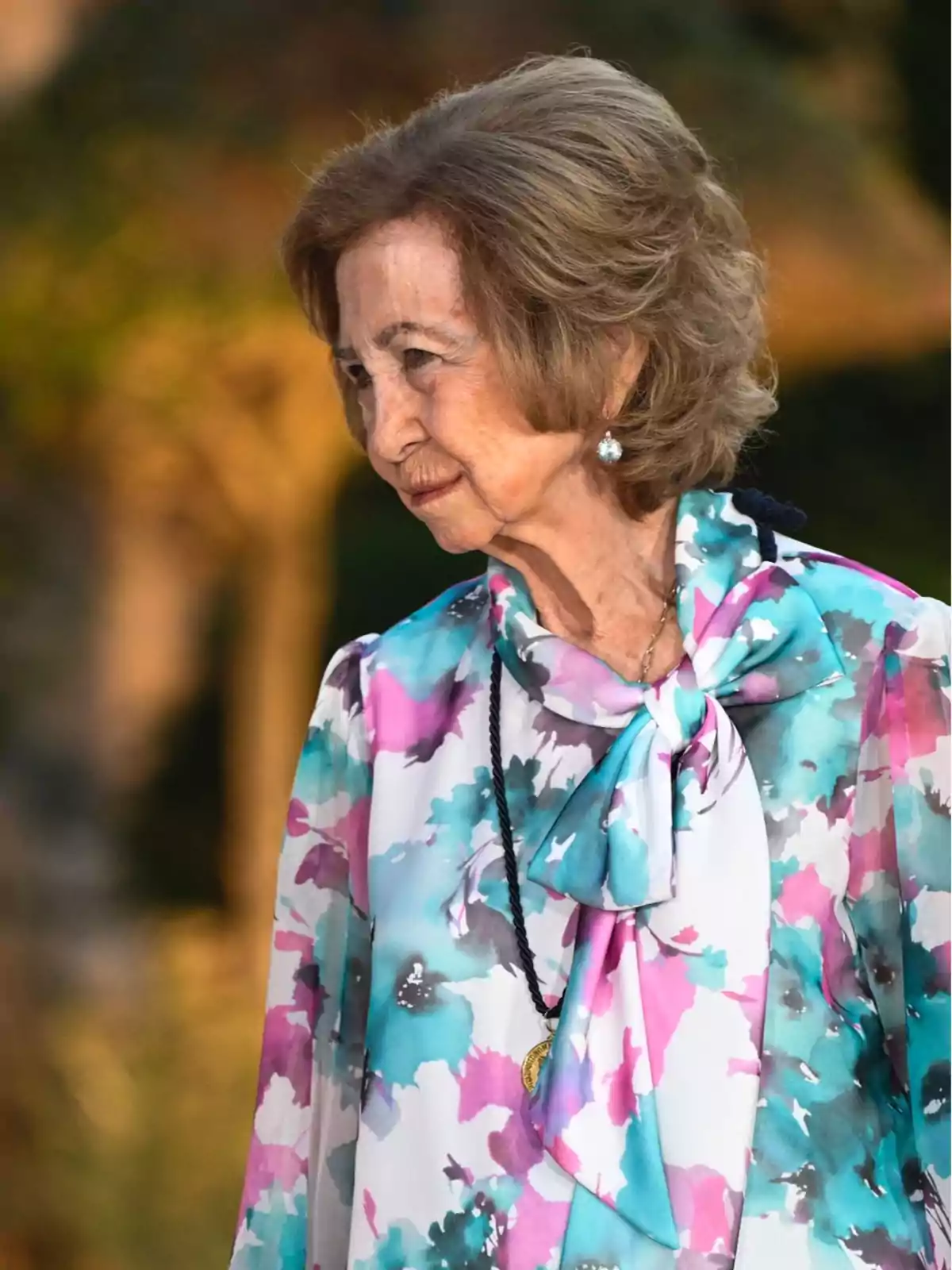 Mujer mayor de perfil con cabello corto y ondulado, lleva una blusa de colores pastel con estampado floral y un lazo en el cuello, además de un collar y pendientes, fondo desenfocado al aire libre Mujer mayor de perfil con cabello corto y ondulado, lleva una blusa de colores pastel con estampado floral y un lazo en el cuello, además de un collar y pendientes, fondo desenfocado al aire libre