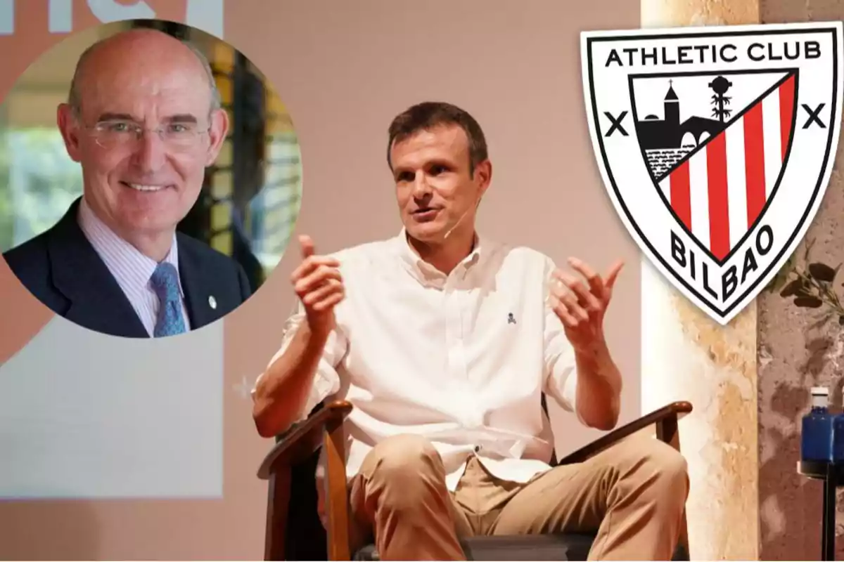 Un hombre sentado hablando con las manos levantadas, a su lado el escudo del Athletic Club de Bilbao y en la esquina superior izquierda la imagen de otro hombre mayor con gafas y traje.