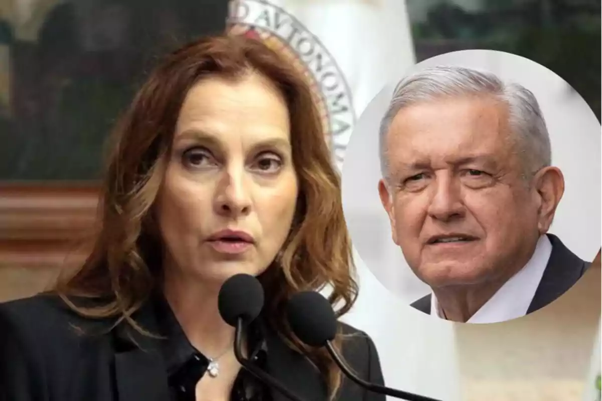 Mujer hablando frente a micrófonos con el rostro de un hombre mayor en un círculo al fondo