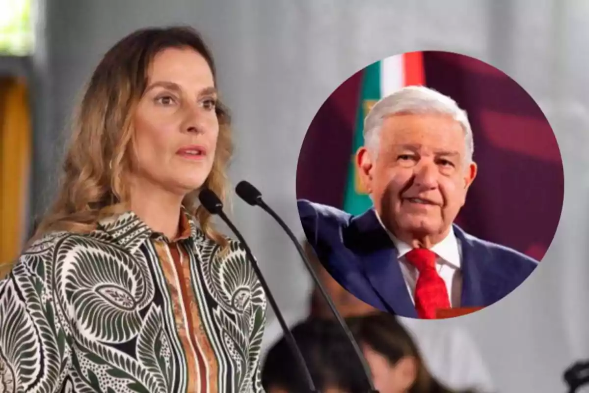 Mujer hablando frente a micrófonos con un círculo que muestra a un hombre mayor levantando la mano y una bandera de fondo Mujer hablando frente a micrófonos con un círculo que muestra a un hombre mayor levantando la mano y una bandera de fondo