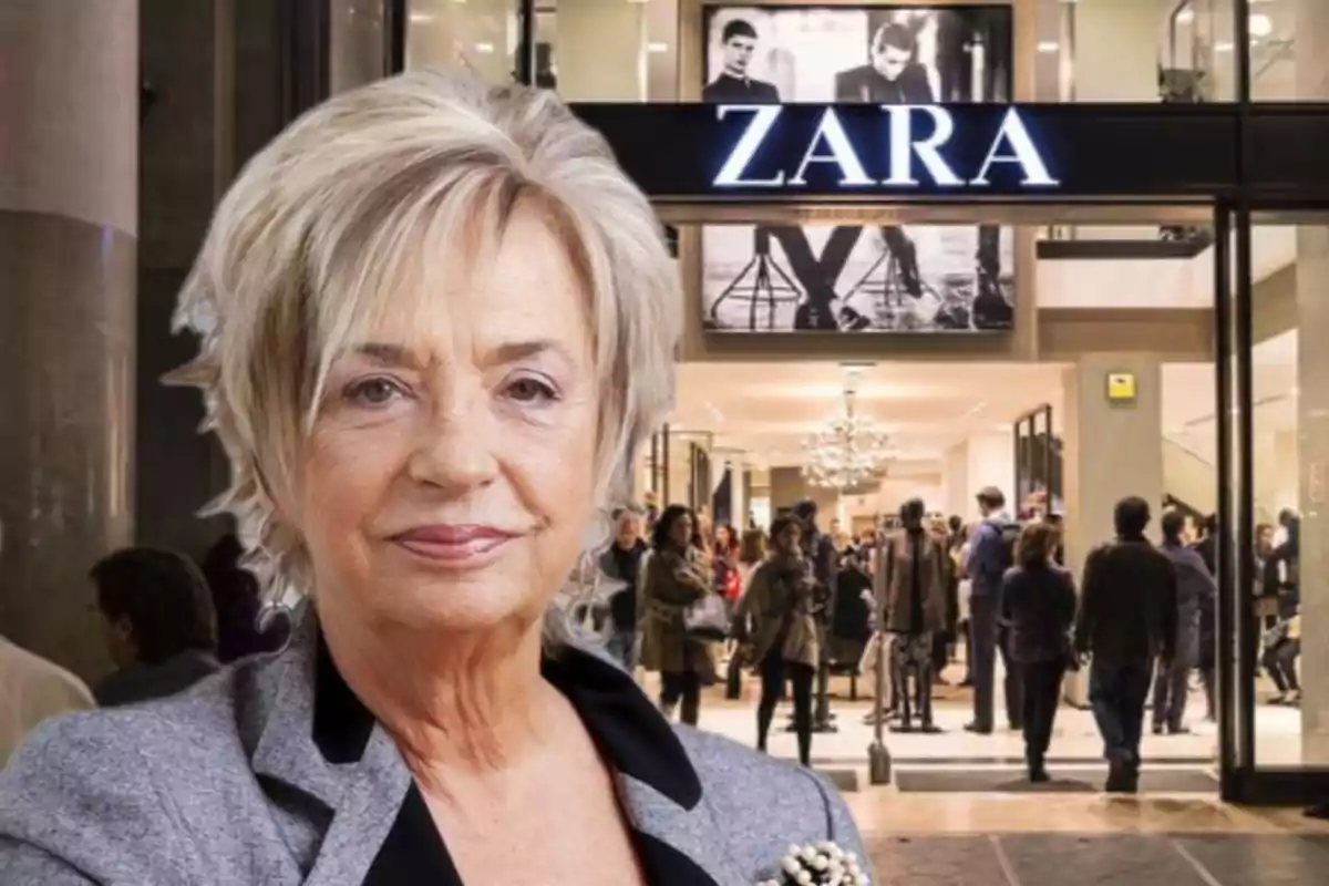 Mujer de cabello corto y canoso con chaqueta gris posando frente a una tienda de Zara concurrida