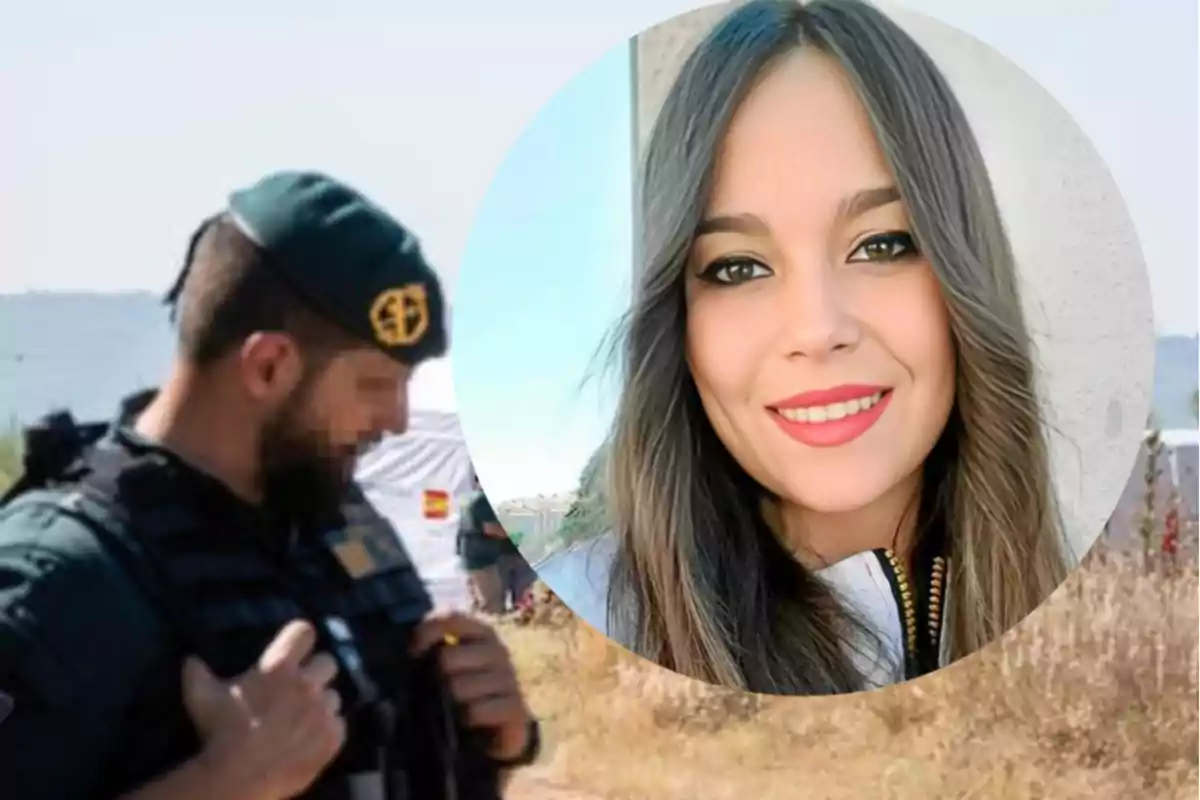 Un guardia civil con uniforme en un entorno al aire libre y el retrato de una mujer joven sonriente superpuesto en la imagen.