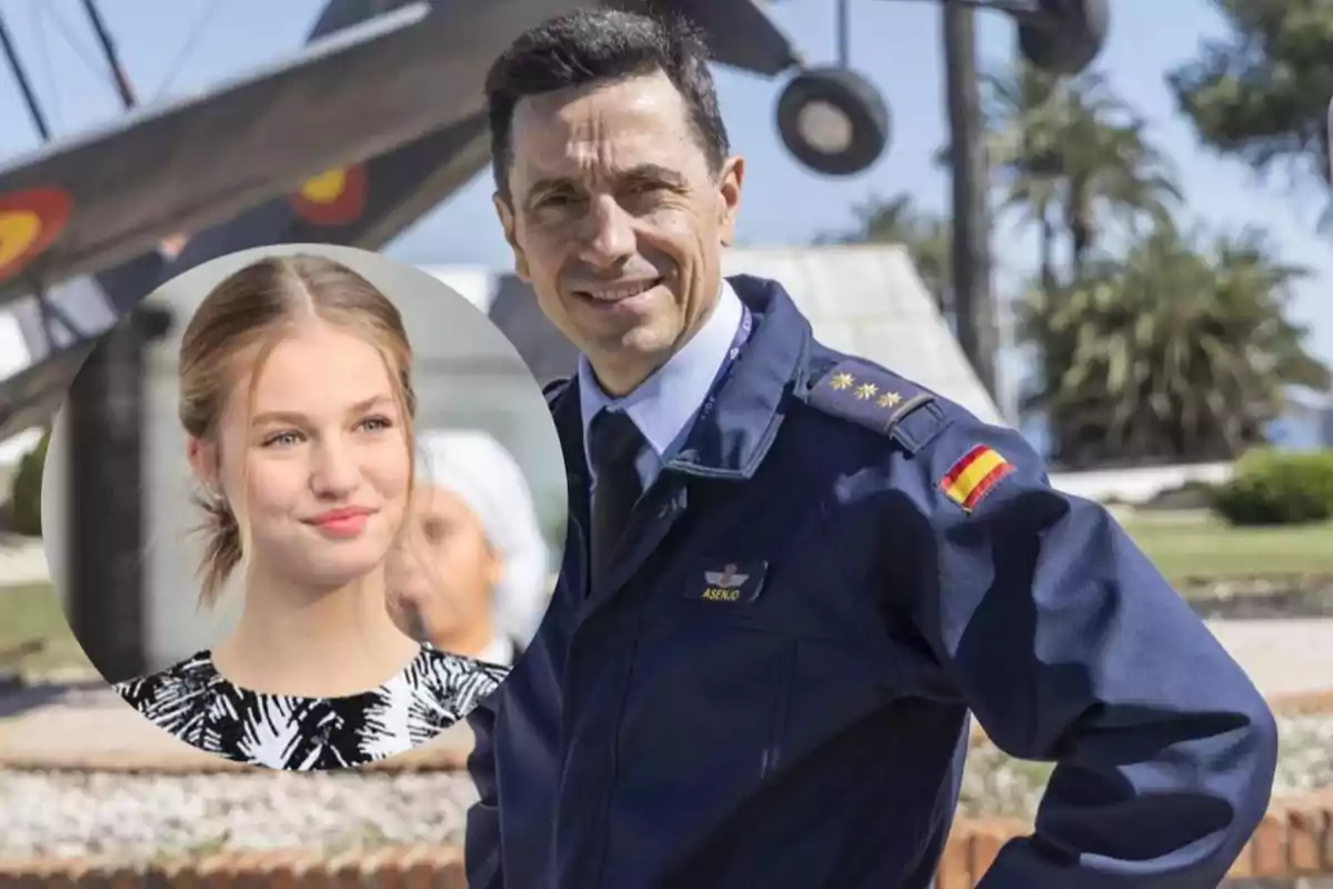 A man in a blue military uniform with a Spanish insignia on the sleeve poses outdoors with an old airplane in the background and a circular overlay image of a smiling blonde young woman. A man in a blue military uniform with a Spanish insignia on the sleeve poses outdoors with an old airplane in the background and a circular overlay image of a smiling blonde young woman.