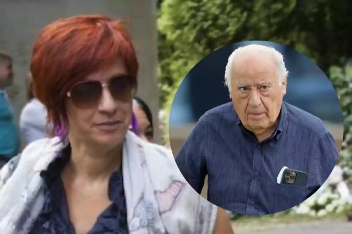 Mujer de cabello corto y rojizo con gafas de sol y un hombre mayor de cabello canoso con camisa azul y un teléfono en el bolsillo Mujer de cabello corto y rojizo con gafas de sol y un hombre mayor de cabello canoso con camisa azul y un teléfono en el bolsillo