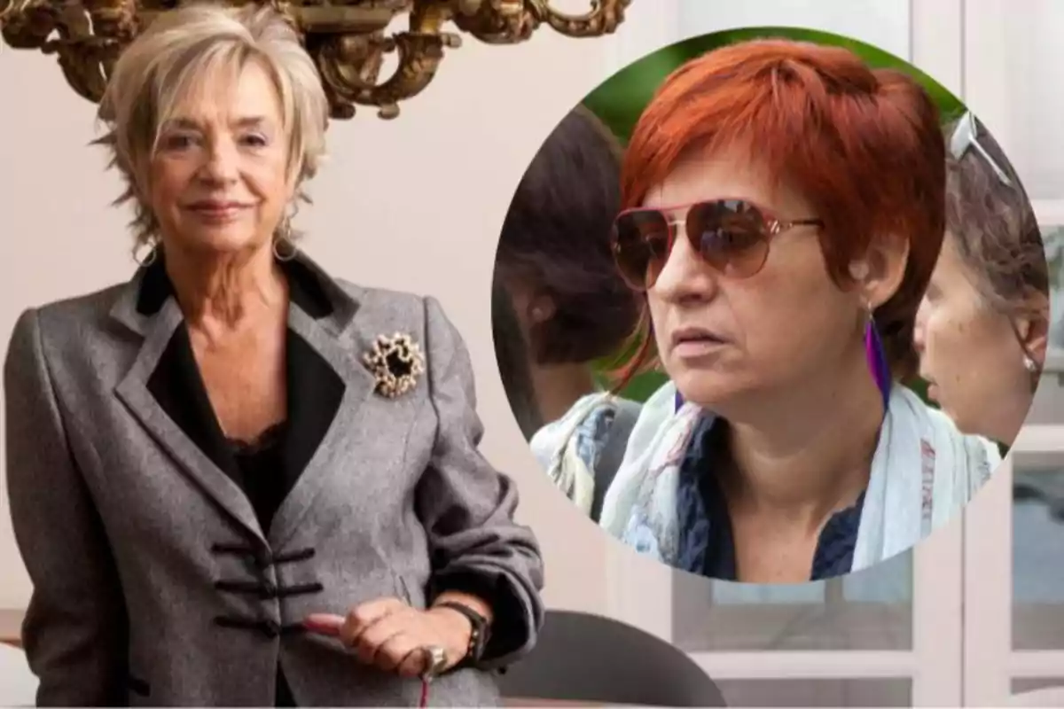 Mujer mayor de cabello rubio corto con saco gris posando y al fondo un círculo muestra a otra mujer de cabello corto rojizo usando gafas de sol y pendientes morados Mujer mayor de cabello rubio corto con saco gris posando y al fondo un círculo muestra a otra mujer de cabello corto rojizo usando gafas de sol y pendientes morados