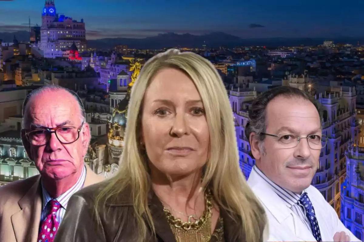 Tres personas posan frente a un fondo de la ciudad de Madrid iluminada al anochecer