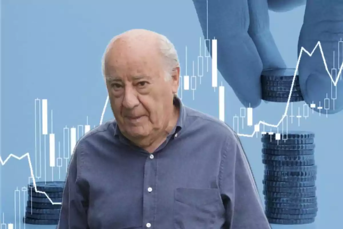Hombre mayor con camisa azul frente a un fondo de gráficos financieros y monedas apiladas