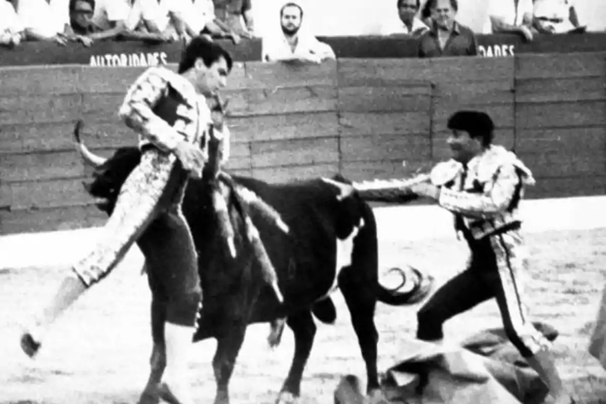 Dos toreros interactúan con un toro en una plaza mientras varias personas observan desde las gradas Dos toreros interactúan con un toro en una plaza mientras varias personas observan desde las gradas