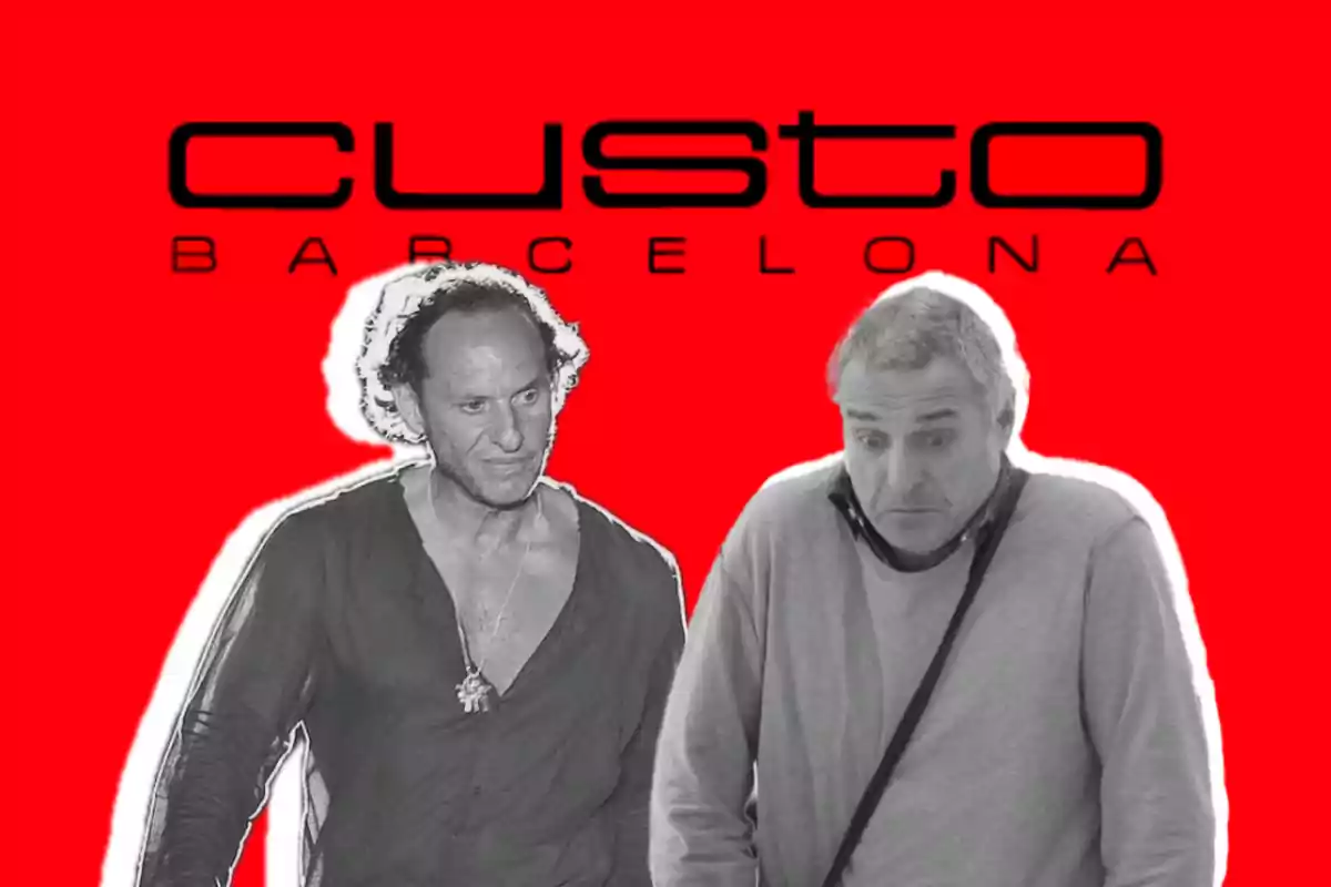 Dos hombres en blanco y negro con fondo rojo y el logo de Custo Barcelona arriba Dos hombres en blanco y negro con fondo rojo y el logo de Custo Barcelona arriba