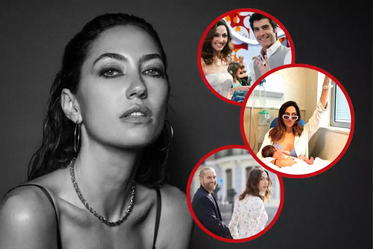 Mujer de cabello oscuro en blanco y negro con tres imágenes circulares a color mostrando diferentes momentos de su vida como una boda, el nacimiento de un bebé y una pareja caminando juntos